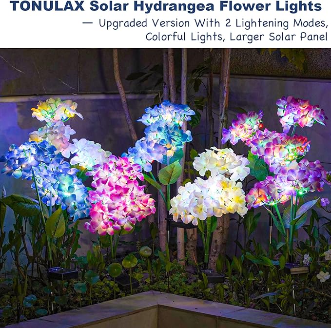 TONULAX Solar Garden Lights - 3 Pack Upgraded Version Outdoor Lights, Colorful Hydrangea Flower Light for Yard Decor, Garden Decoration, Two Lightning Modes & Enlarged Solar Panel