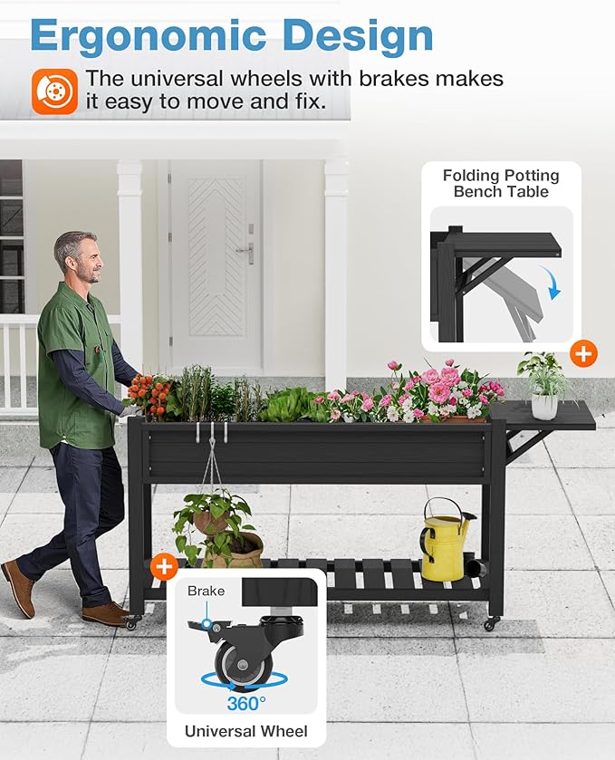 YEFU Raised Garden Bed with Legs: 57x18x30in Elevated Poly Planter with Wheels,Waterproof Mobile Raised Bed Garden, Elevated Planter Box Stand with Storage Shelf,For Deck,Patio,Porch,Yard (Black,2pcs)