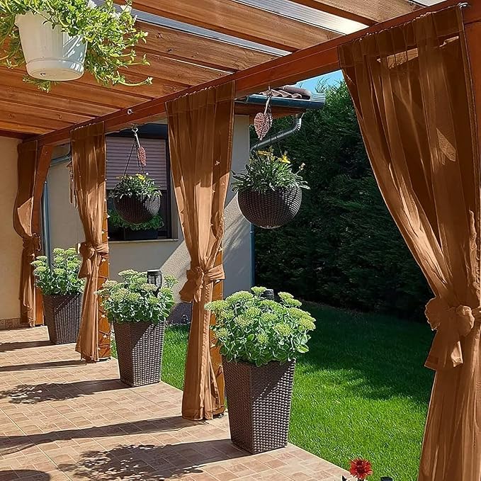 SpaceDresser Waterproof Outdoor Sheer Curtains for Patio - 4 Panels Rod Pocket Indoor Voile Sheer Curtain for Living Room,52W x 120L inch,Brown