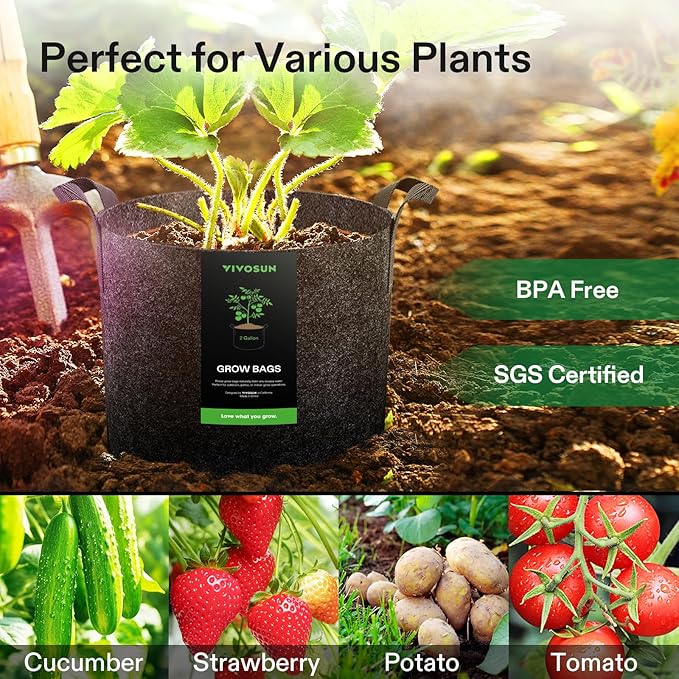 VIVOSUN 5-Pack 2 Gallon Grow Bags Heavy Duty Thickened Nonwoven Fabric Pots with Handles