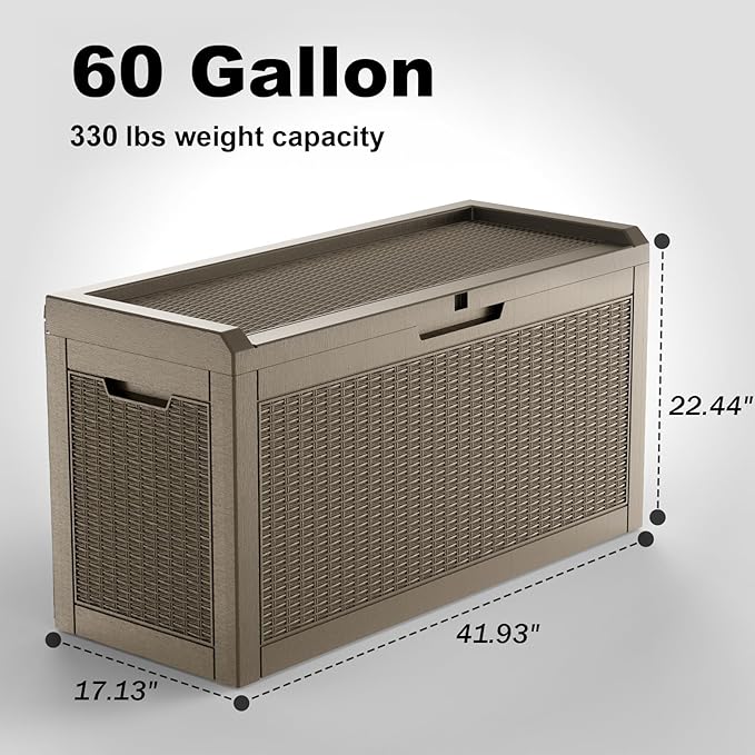ROJIK Outdoor Storage Housing Deck Box,Waterproof Patio Furniture, Garden Tools, Cushions, Pool Accessories Storage Bench with Lockable Lid and Side Handles (Grey,60 Gallon)