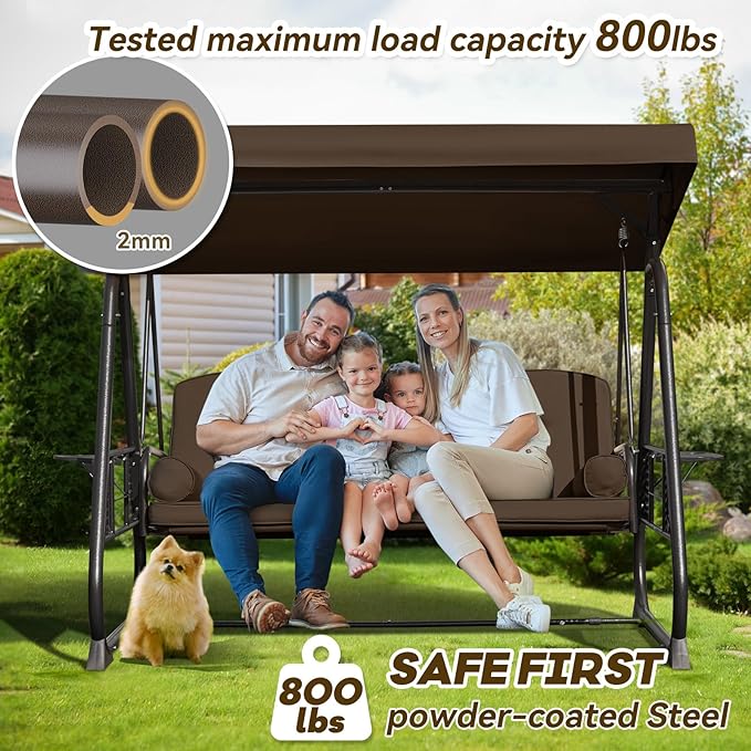 3 in 1 Outdoor Porch Swing with Adjustable Canopy, 3 Seat Outdoor Swing for Adults, Patio Swing Chair with Thickened Cushions,Pillows & Cup Holders for Backyard, Porch, Garden (Brown)