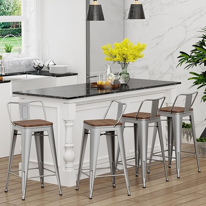 Yongchuang 30 inch Bar Stools Set of 4 Bar Height Metal Barstools with Wood Seat Low Back Kitchen Bar Chairs Silver