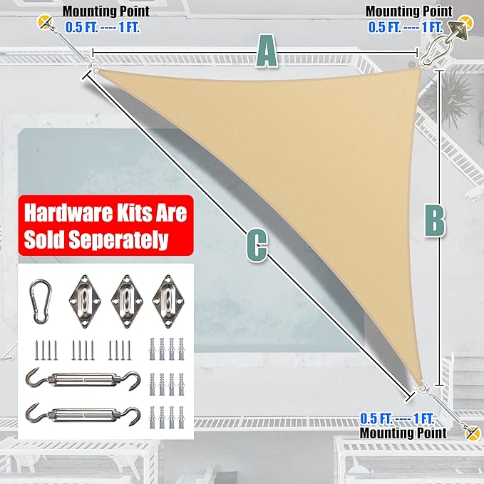 Amgo Custom Size 18' x 22' x 28.4' Beige Right Triangle Sun Shade Sail Order to Make Canopy Awning UPF50+ AGSLT, 95% UV Blockage, Water & Air Permeable, 200GSM Commercial Standard (We Customize)