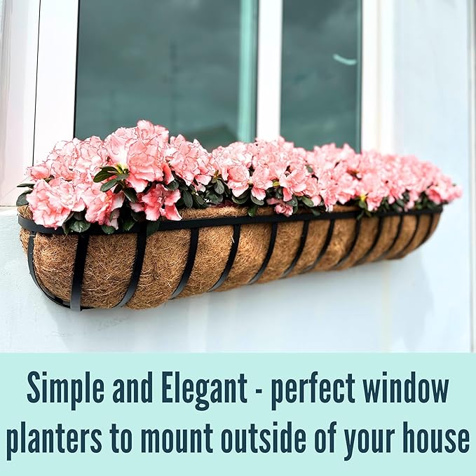LaLaGreen Wall Hanging Planter Outdoor (48 Inch, 2 Pack) Large Window Flower Box with Coco Liners, Black Metal Rectangular Plant Holder Attach to House Horse Trough Fence Balcony Modern Porch Patio