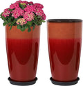 Set of 2 Lightweight Ceramic-Look Tall Planter, 21 inch Large Plastic Planter with Drain Hole & Saucers, Large Outdoor Planters for Porch, Garden, Patio, Balcony(Fiery Red)