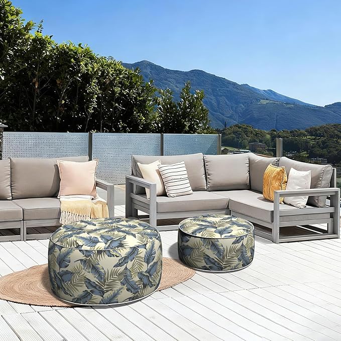 LVTXIII Outdoor Inflatable Ottoman, Fade-Resistant Round Footrest Stool D31”x H14”, Portable Patio Pouf for Garden Camping or Home Use, ‌Lush Palm Blue