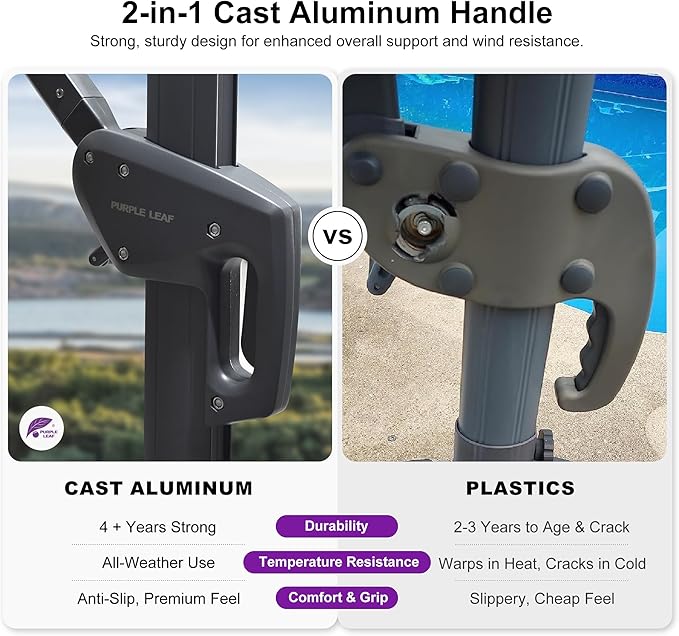 PURPLE LEAF Patio Umbrella 10' X 10' Rectangle Cantilever Umbrella Large Aluminum Outdoor Umbrellas with 360-degree Rotation & UPF40+ Premium Fabric for Deck Pool Garden Yard, Ocean Slate