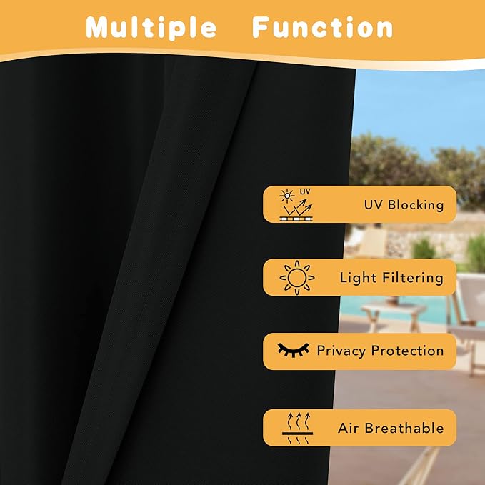 HolidayIdeas Extra Wide Outdoor Curtains for Patio Waterproof, 2 Panels - 110 x 95 Inch - Privacy & Light Filtering Curtains Grommet Outside Curtains for Porch, Gazebo, Pergola, Backyard (Black)