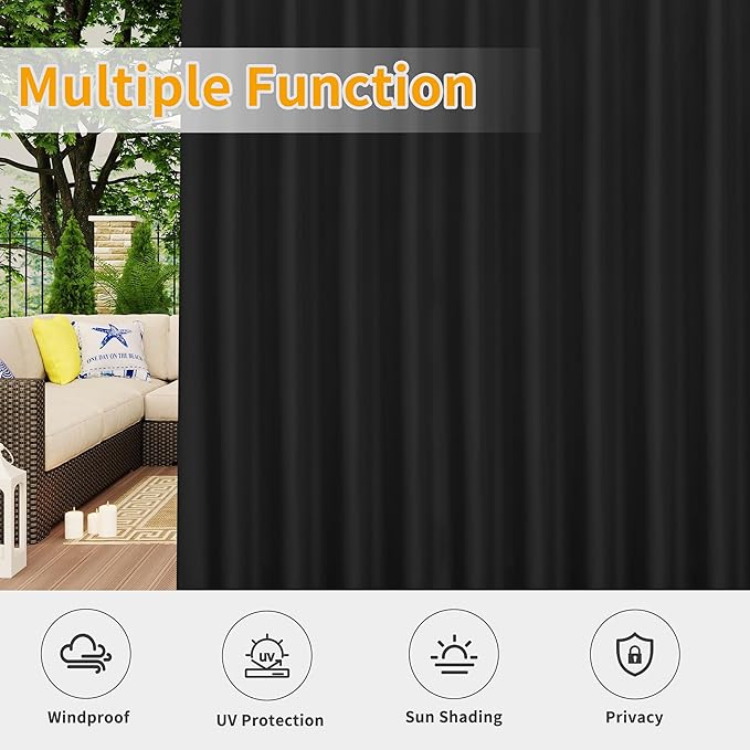 Easy-Going Outdoor Patio Curtains Detachable Tab Top Windproof Weatherproof Curtain for Cabana, Porch, Pergola and Gazebo, Tab Bottom Drape, 2 Panels, 54W x 84L inch, Black