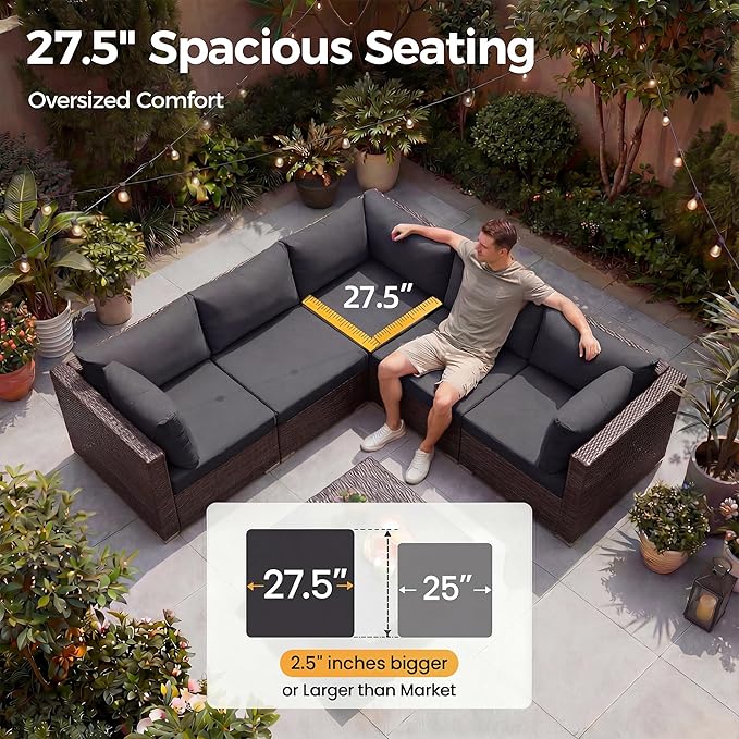 NICESOUL 10 Piece Outdoor Patio Furniture Set with Fire Pit Natural Gas/Propane, 29.3'' High-Back XL Big Size Wicker Sectional Sets, Deep Wide Sofa Couch for Outside, Brown Rattan and Grey Cushion