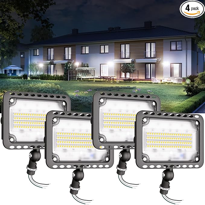 CINOTON 65W LED Flood Lights Outdoor, IP65 Waterproof Exterior Security Wall Lights with 180°Knuckle, 9100LM 120V Outside Aluminum Lighting Fixture for Patio Porch Barn Garden 5000K 4 Pack, UL Listed