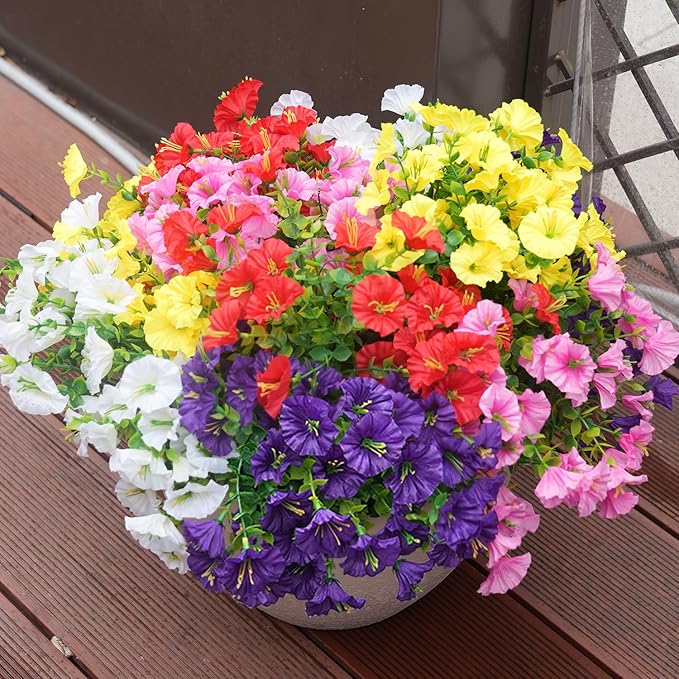 Artificial Flowers for Outdoors, UV Resistant Fake Silk Morning Glory, Realistic Faux Plants for Outside Porch Patio Window Box Hanging Planter (16, Purple White Yellow Pink Red)