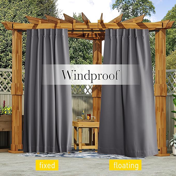 NICETOWN 2 Panels Outdoor Curtains Waterproof Pocket & Back Tab on Top & Bottom, Thermal Insulated Windproof Sun Blocking Outside Privacy Drapes for Patio with Fixed Rope, W84 x L84, Grey