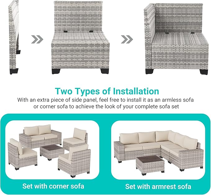 6-Piece Outdoor Patio Furniture Set Wicker Sectional Sofa Set, Patio Conversation Set with Thickened Cushions & Coffee Table for Garden, Backyard, Poolside, White