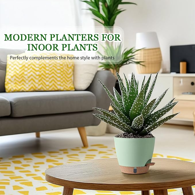 2 Pack 8 Inch Pots for Plants Indoor, Plastic Self Watering Planters with Drainage Holes, Water Level Indicator & Deep Reservoir, Decorative Flower Pots Indoor Outdoor Use (Green