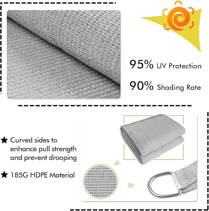 KANAGAWA Sun Shade Sail 12'x12'x17' Gray Triangle UV Block Canopy Awning Shelter Fabric Cloth Screen for Outdoor Patio Garden Backyard