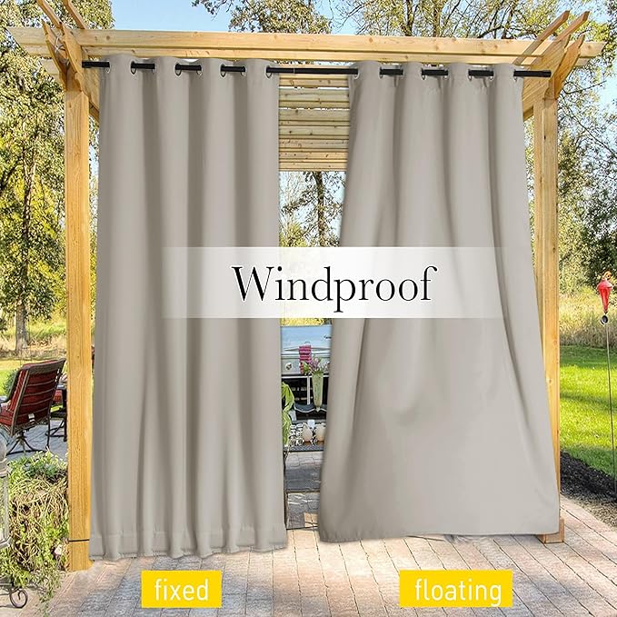 NICETOWN 2 Panels Weighted Outdoor Curtains for Patio Waterproof, Thermal Insulated Grommet & Back Tab on Top & Bottom Windproof Sun Blocking Draperies for Gazebo with Rope, Natural, W66 x L84