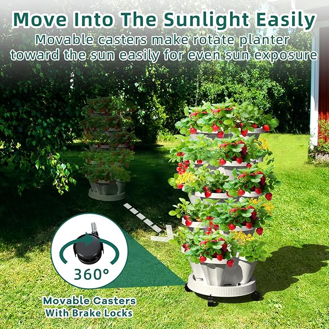 7 Tiered Strawberry Vertical Planter Tower Garden 3 Pack, Stackable Planter Herb Garden Planter with Movable Casters and Bottom Saucer Indoor and Outdoor - White