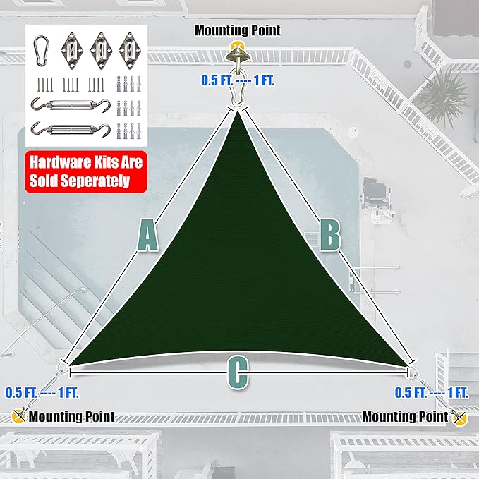 Amgo Custom Size 19' x 19' x 19' Green Triangle Sun Shade Sail Order to Make Canopy Awning UPF50+ AGSLT, 95% UV Blockage, Water & Air Permeable, 200GSM Commercial Standard (We Customize)