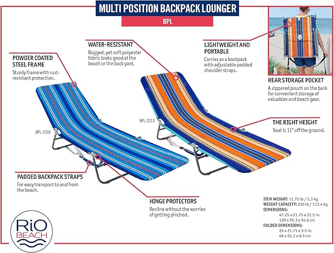 Rio Beach Portable Lay Flat Folding Backpack Beach Lounge Chair with Backpack Straps and Storage Pouch, Blue Stripe