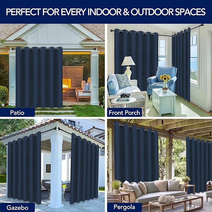 PureFit Outdoor Curtains for Patio Waterproof Weatherproof, UV Resistant Outside Curtains for Gazebo, Front Porch, Pergola, Sun Blocking Privacy Curtain, 100W x 108L inch, 1 Panel, Navy Blue