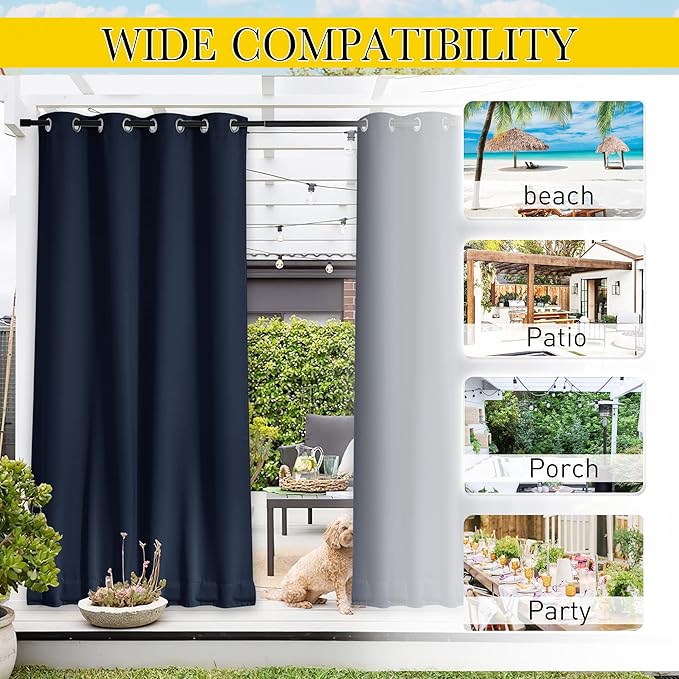 NICETOWN 2 Panels Outdoor Curtains for Patio Waterproof & Windproof, Extra Wide Grommet & Back Tab on Top & Bottom Thermal Insulated Sun Blocking Drapes with Rope for Deck, Navy Blue, W100 x L108