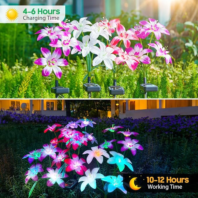 Solar Garden Lights Outdoor, 6 Pack Blooming Lily Solar Flowers Outdoor Waterproof, 7 Color Changing Bigger Flower Lights for Yard Patio Outside Decorative Mom Gift