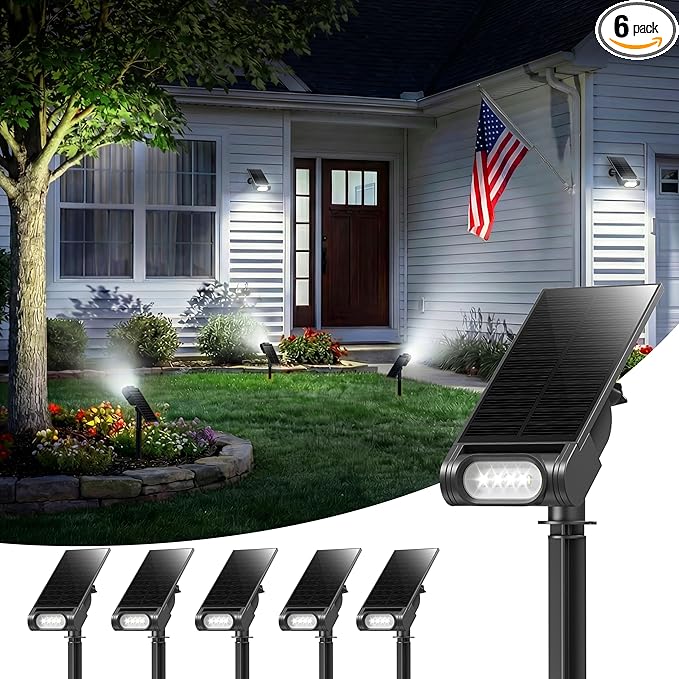 EZVALO Solar Spot Lights Outdoor IP67 Waterproof, Adjustable Solar Landscape Lights, 3 Lighting Modes Solar Spotlights for Outside Yard Garden Plant Trees Pathway Flag (Cool White-6Pack)