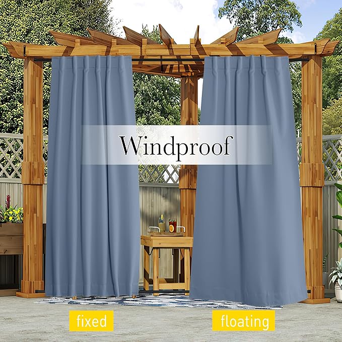 NICETOWN 2 Panels Outdoor Curtains Waterproof Pocket & Back Tab on Top & Bottom, Thermal Insulated Fixed Windproof Outdoor Drapes Privacy for Patio with Rope for Fixed, W52 x L84, Stone Blue