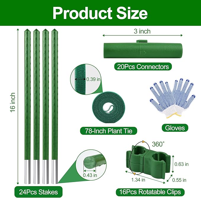 WAENLIR 16 Inch 24 Pack Extendable Garden Stakes Kit, DIY 4ft 5ft 6ft 7ft 8ft Plant Support Stakes with Connectors and Clips, Plastic Coated Metal Sticks for Tomato Indoor Outdoor