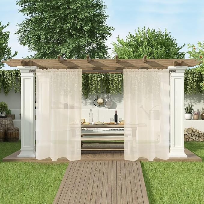 SpaceDresser Waterproof Outdoor Sheer Curtains for Patio - 4 Panels Rod Pocket Indoor Voile Sheer Curtain for Living Room,52W x 120L inch,Ivory