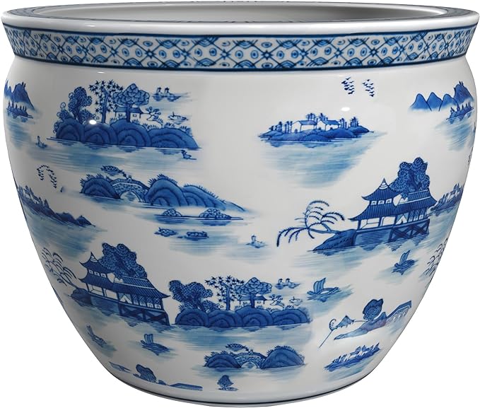 Red Lantern 18" Porcelain Fishbowl Blue & White Landscape Planter