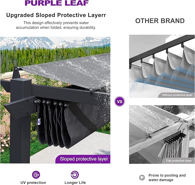PURPLE LEAF 10' x 13' Aluminum Outdoor Pergola Retractable Pergola with Double Sun Shade Canopy Modern Grape Trellis Metal Pergola with Light for Patios Garden Deck Backyard, Gray