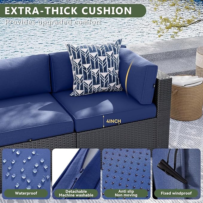 Aoxun 8 Piece Patio Furniture Set with 44” Fire Pit Table, Wicker Rattan Patio Sectional Sofa, Outdoor Furniture Set with Thickened Cushion, Blue