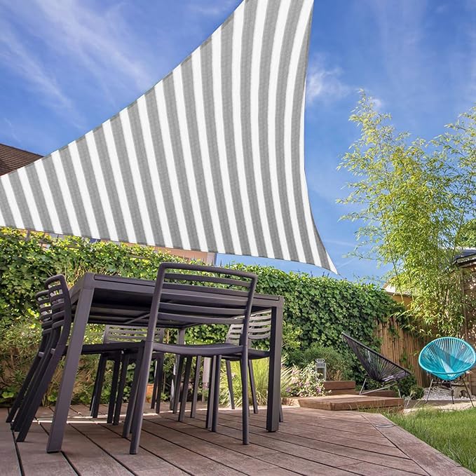 E&K Sunrise 23' x 23' x 23' Sun Shade Sail Triangle Canopy Shade Cover UV Block for Patio Backyard Garden Outdoor (Gray White Strip)
