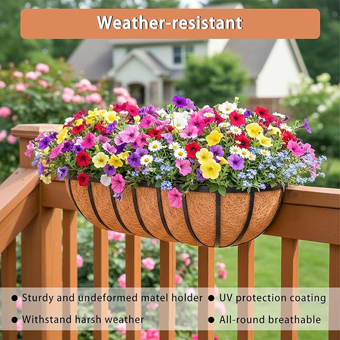 24'' Window Box Railing Planter with Coco Liner,4 Pack Horse Trough Planters Black Metal Hanging Flower Planters Basket for Porch Fence Patio Indoor Outdoor Lawn