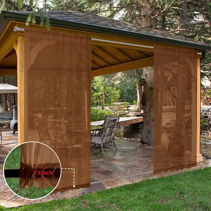 SpaceDresser Waterproof Outdoor Sheer Curtains for Patio - 2 Panels Rod Pocket Indoor Voile Sheer Curtain for Living Room,52W x 108L inch, Brown