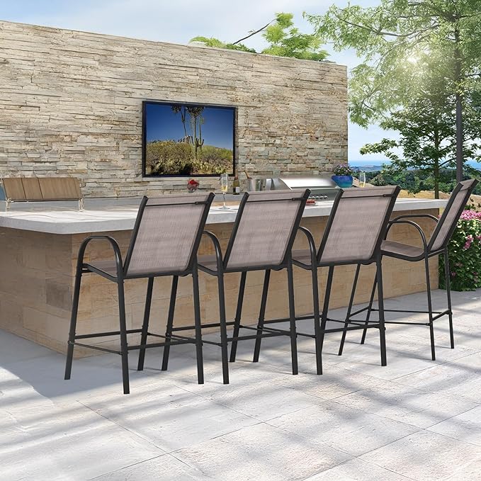 HOMREST Outdoor Bar Height Stools Set of 4,High Back Patio Chairs with Armrests,Textilene Chairs with Breathable Fabric & Metal Frame for All Weather,Taupe