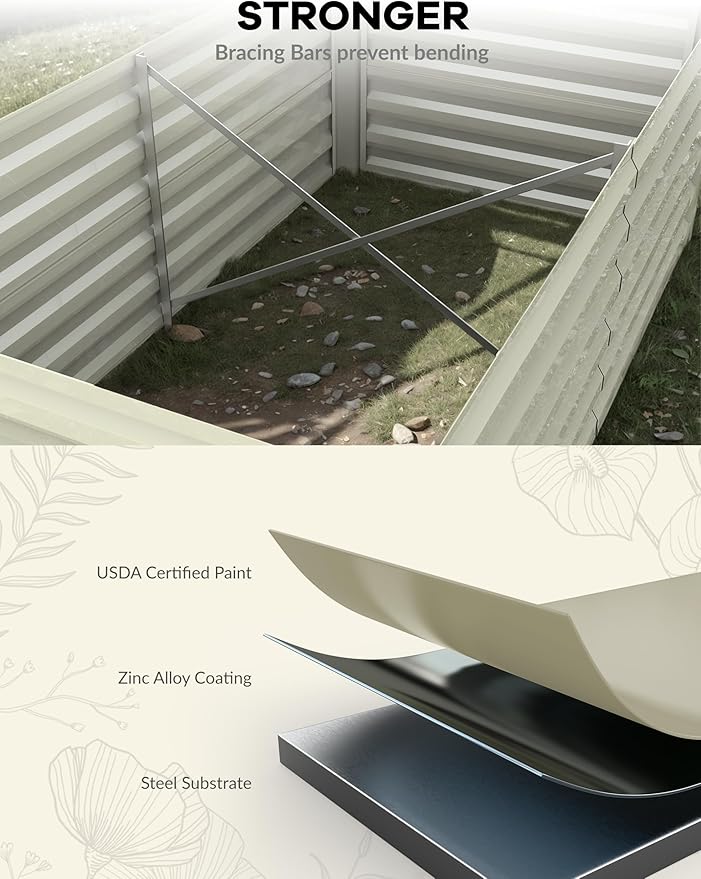 GarveeLife 6x3x2 ft Galvanized Raised Garden Bed, 24" Tall Metal Planter Box for Flowers Vegetables, Rust-Resistant Raised Garden Beds for Gardening, Easy Assembly Outdoor Garden Box & Planters,Beige