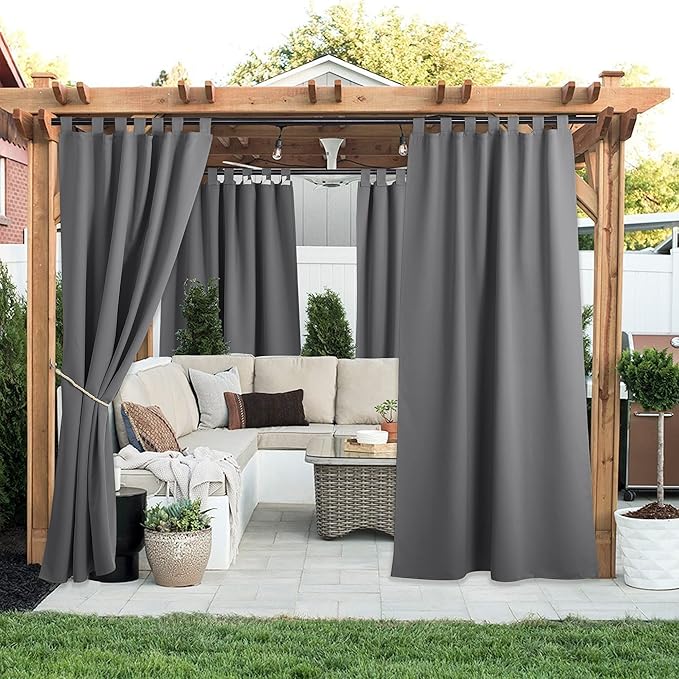 NICETOWN 2 Pieces Outdoor Curtainss for Patio Waterproof 95 inch Length, Sticky Tab Top Thermal Insulated Blackout Window Treatment Dividers Protect Privacy for Cabana/Arbor, W52 x L95, Grey