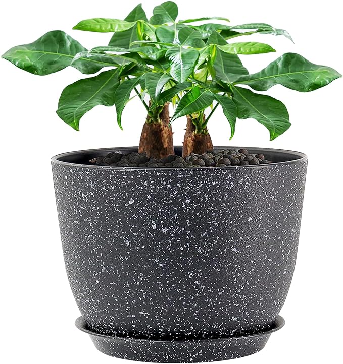12inch Large Plant Pot, Modern Plastic Planter with High Driange Holes and Saucer for Indoor Outdoor Garden Plants and Flowers, Black Speckles