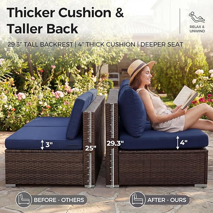 NICESOUL Large Size 9 Pcs Outdoor Patio Sectional Sofa Set with Firepit Natural Gas/Propane, 29.3'' High Back Conversation Sectional Couch Sets Deep Wide Sitting, Brown Rattan and Navy Blue Cushion