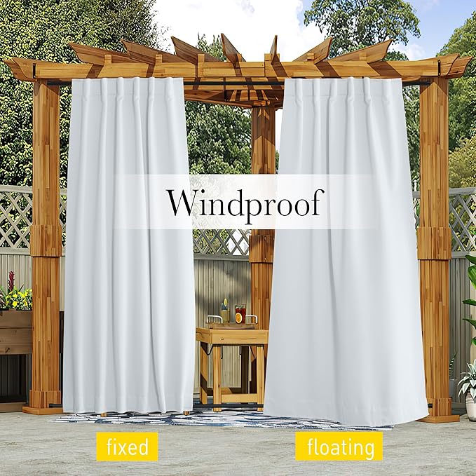 NICETOWN Blackout Outdoor Curtains for Patio Windproof 2 Panels Top & Bottom Pocket & Back Tab, Thermal Fixed Waterproof Safe Drapes Keep Privacy for Yard/Porch, Greyish White, W52 x L95