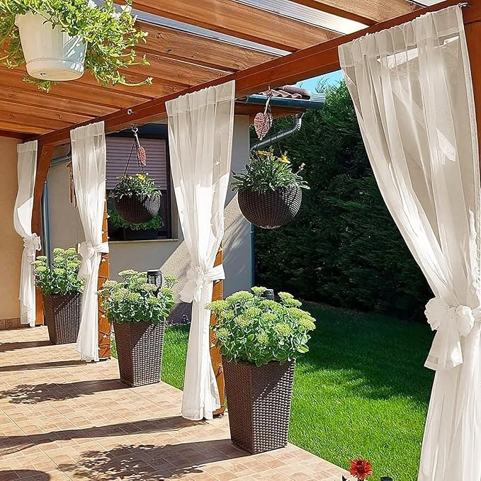 SpaceDresser Waterproof Outdoor Sheer Curtains for Patio - 2 Panels Rod Pocket Indoor Voile Sheer Curtain for Living Room,100W x 108L inch, Ivory