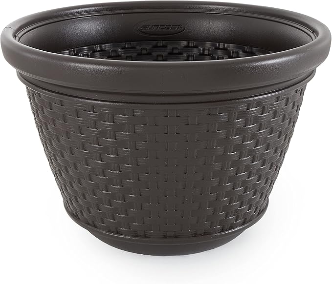 Suncast 4 Pack Wicker Hose Pot, Decorative Resin Garden Hose Storage, 100ft 5/8in Standard Vinyl Hose Capacity with 4 Drain Holes, 18in x 12in, Java