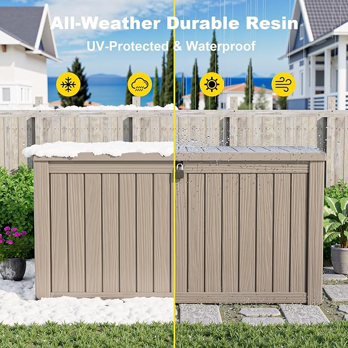 DRATO 150 Gallon Outdoor Storage Box, Large Waterproof Deck Box, Lockable Resin Storage Container with Reinforced Support for Patio Cushions, Garden Tools, UV-Resistant Outdoor Chest（Gray，150 Gallon）