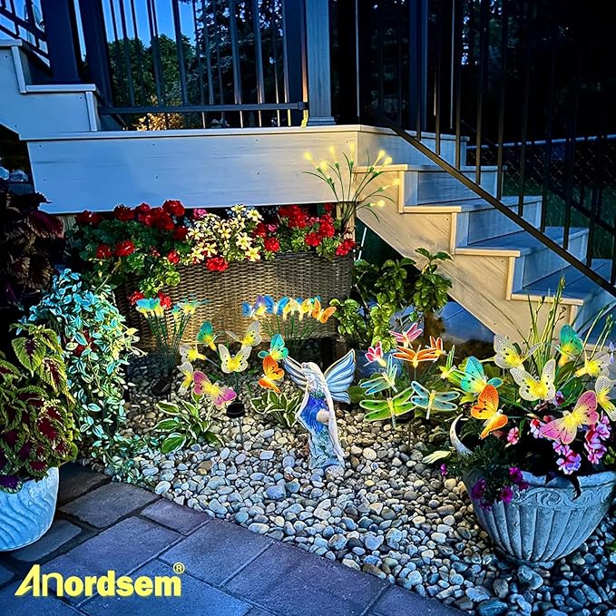 Anordsem Solar Garden Lights Outdoor: 8 Removable Fiber Optic Fabric Butterflies 4 Pack - Waterproof Fun Animal Decoration for Yard Patio - Gardening Gifts for Garden Lovers