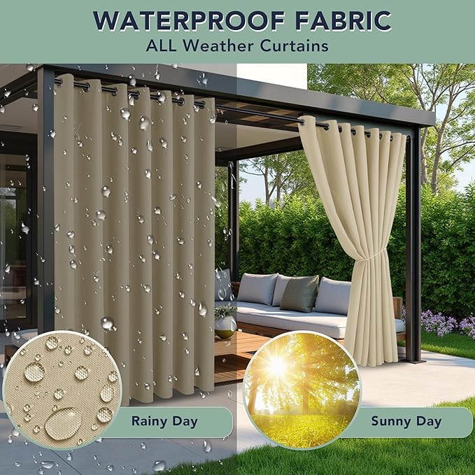 Extra Wide Outdoor Curtains Waterproof for Patio - 6 Panels Privacy Weatherproof Outside Curtains with Grommets for Gazebo, Pergola, Porch, Cabana, Balcony, 110 x 95 Inch, Cream