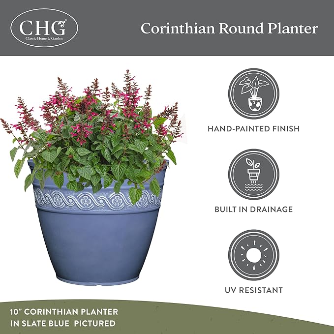 Classic Home and Garden Corinthian Resin Planter Pot - Outdoor & Indoor Plant Pot - Round Planter For Plants & Flowers (10" Ivory Ash, Pack of 1)